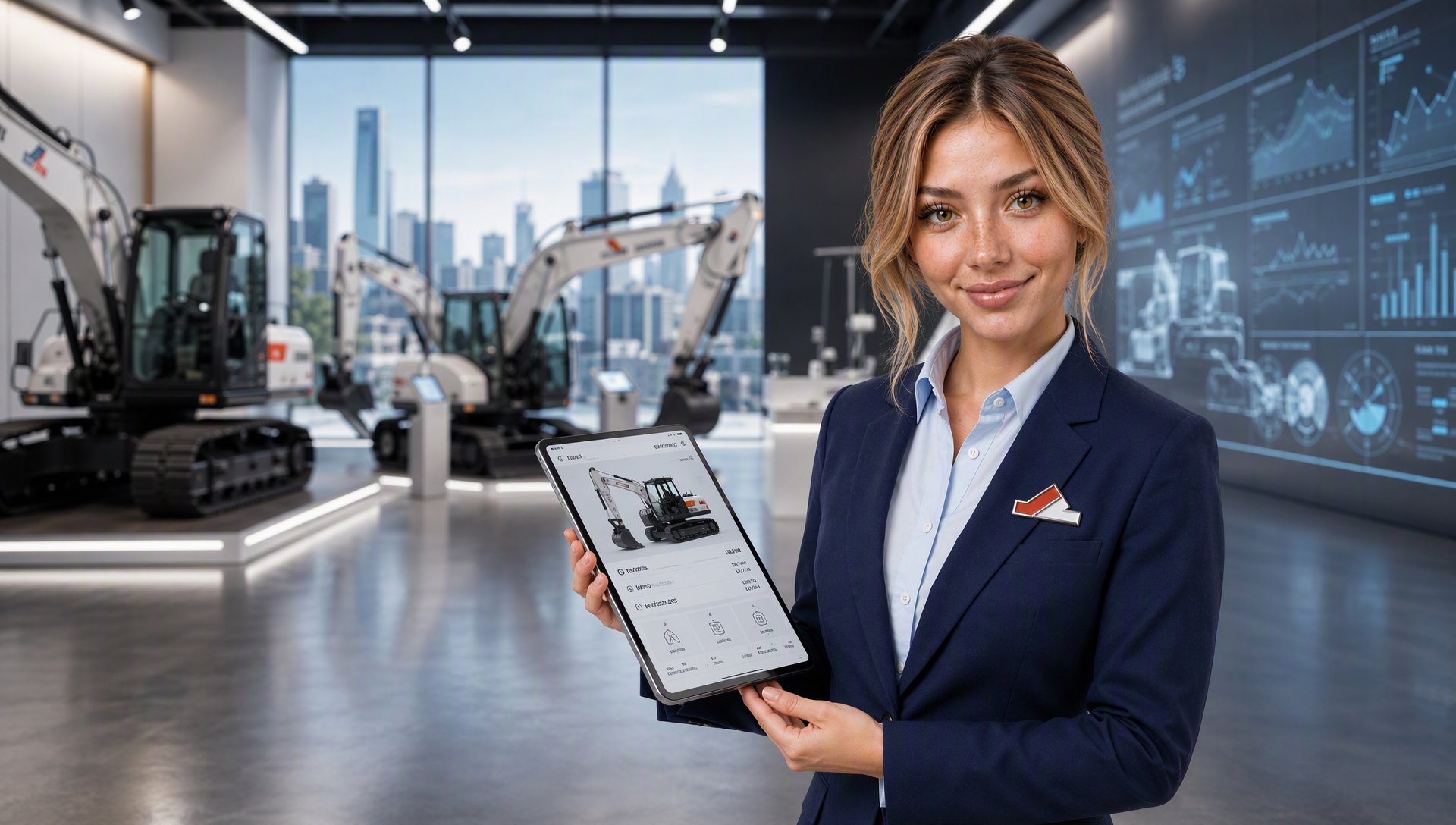 Mia presenting machine options on a tablet in an equipment showroom