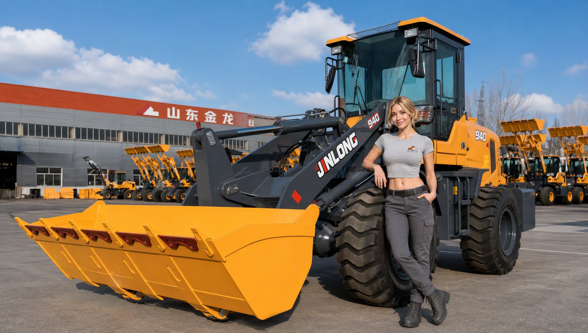 Mia standing beside a Jinlong wheel loader at the factory yard