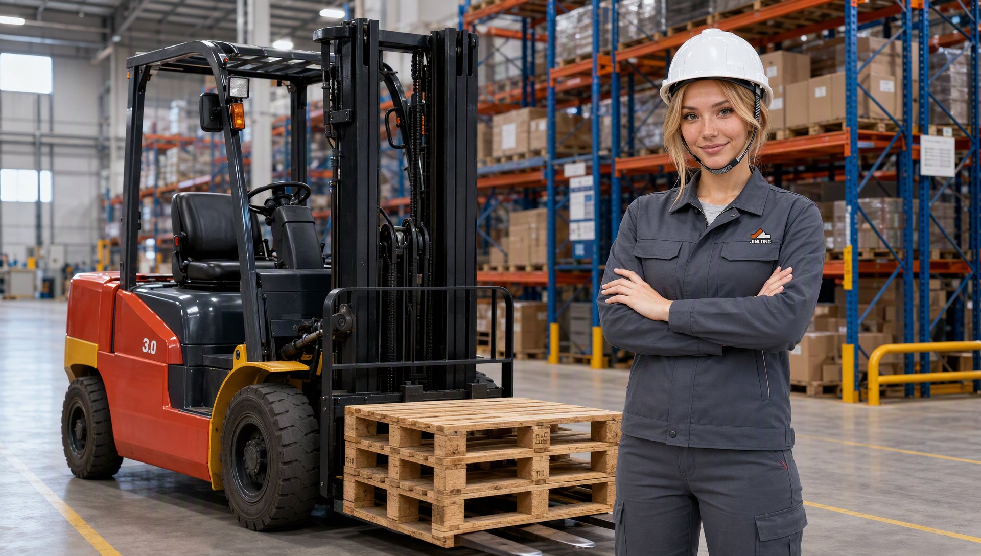 Mia beside a red 3-ton counterbalance forklift with pallets in a warehouse